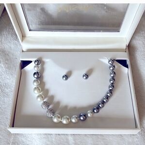 Elegant Misaki "Samantha" Authentic Silver and White Pearl Necklace Set